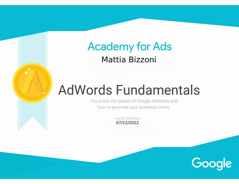 Certificato Google AdWords Fundamentals — Mattia Bizzoni