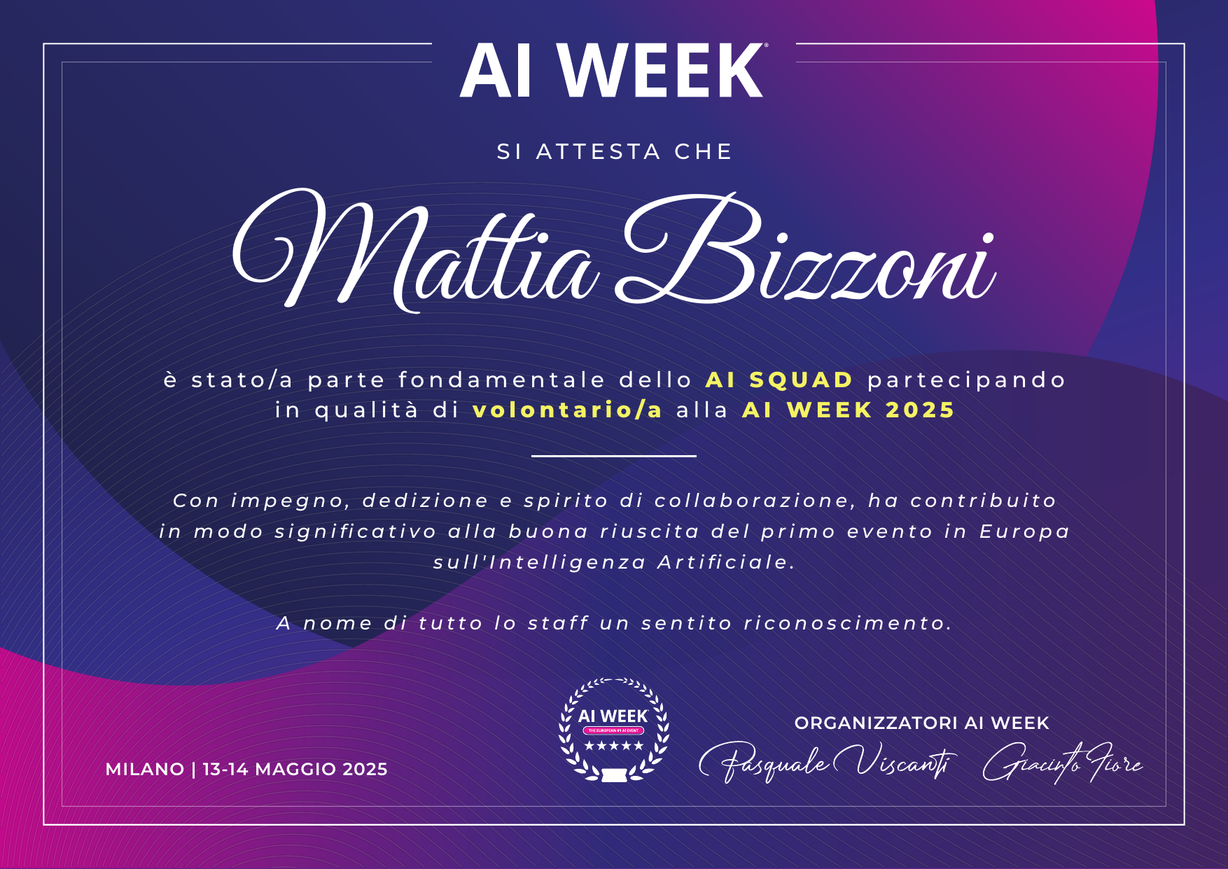 Certificato AI Week 2025 — AI Squad Certificate — Mattia Bizzoni