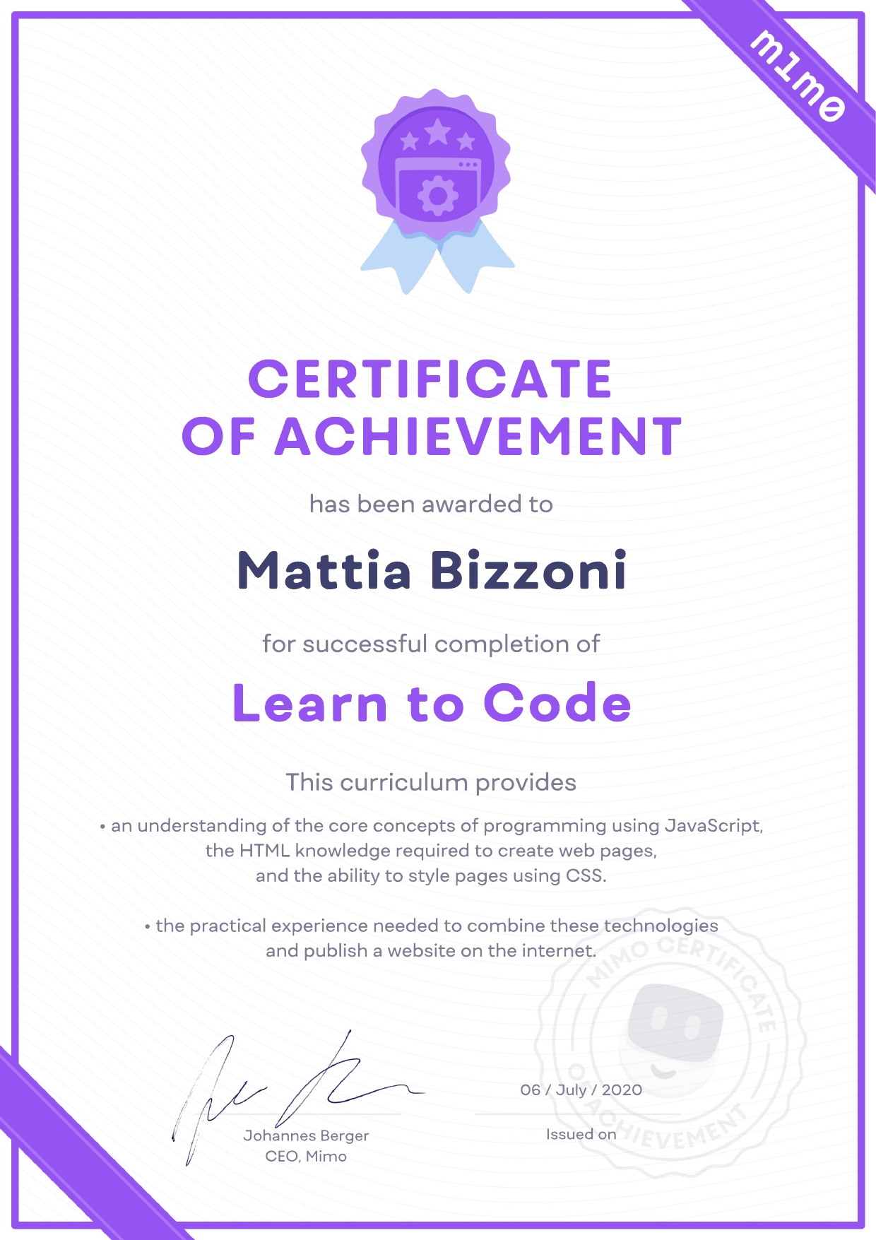 Certificato Coding Certificate — Mattia Bizzoni