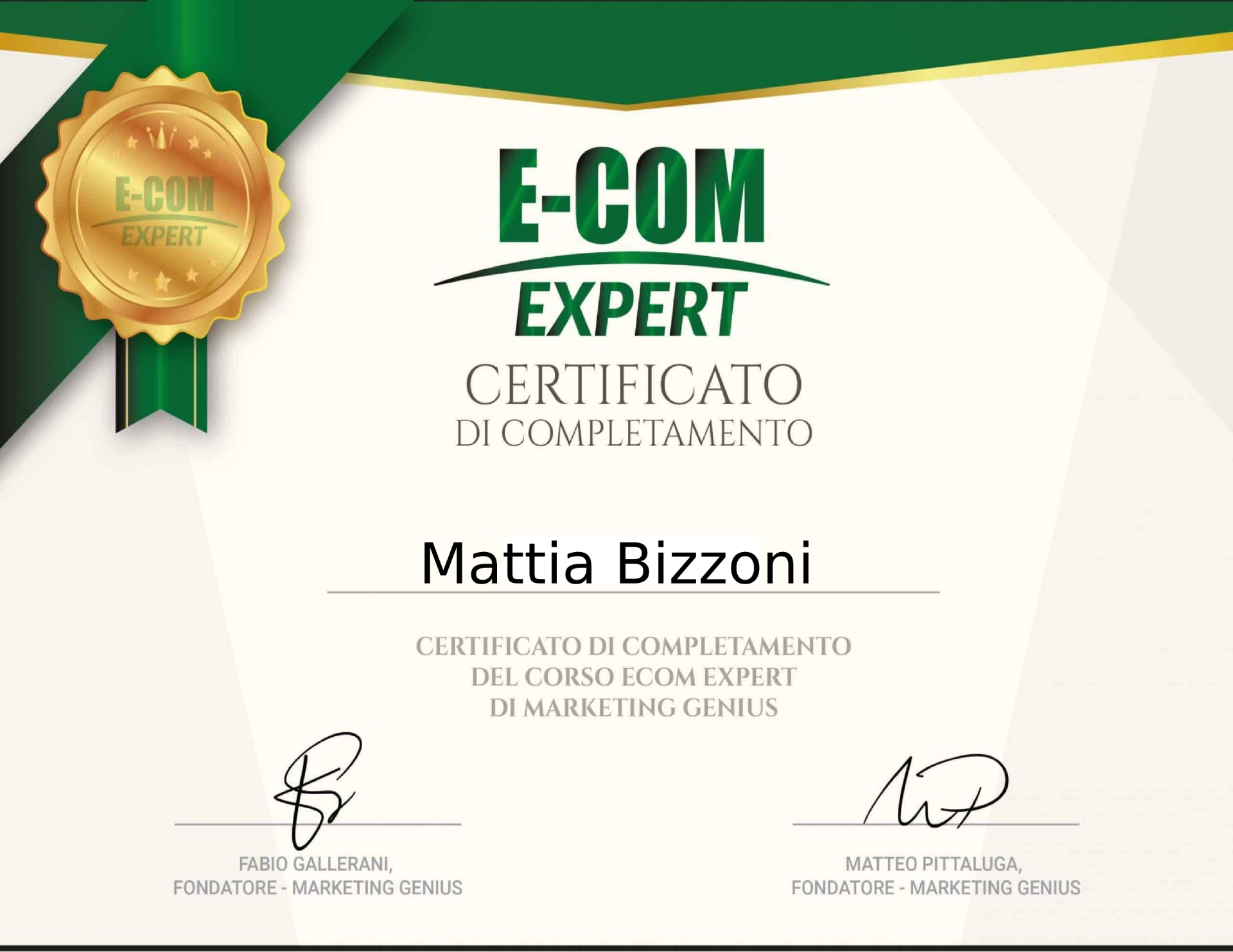 Certificato E-Com Expert — Marketing Genius — Mattia Bizzoni