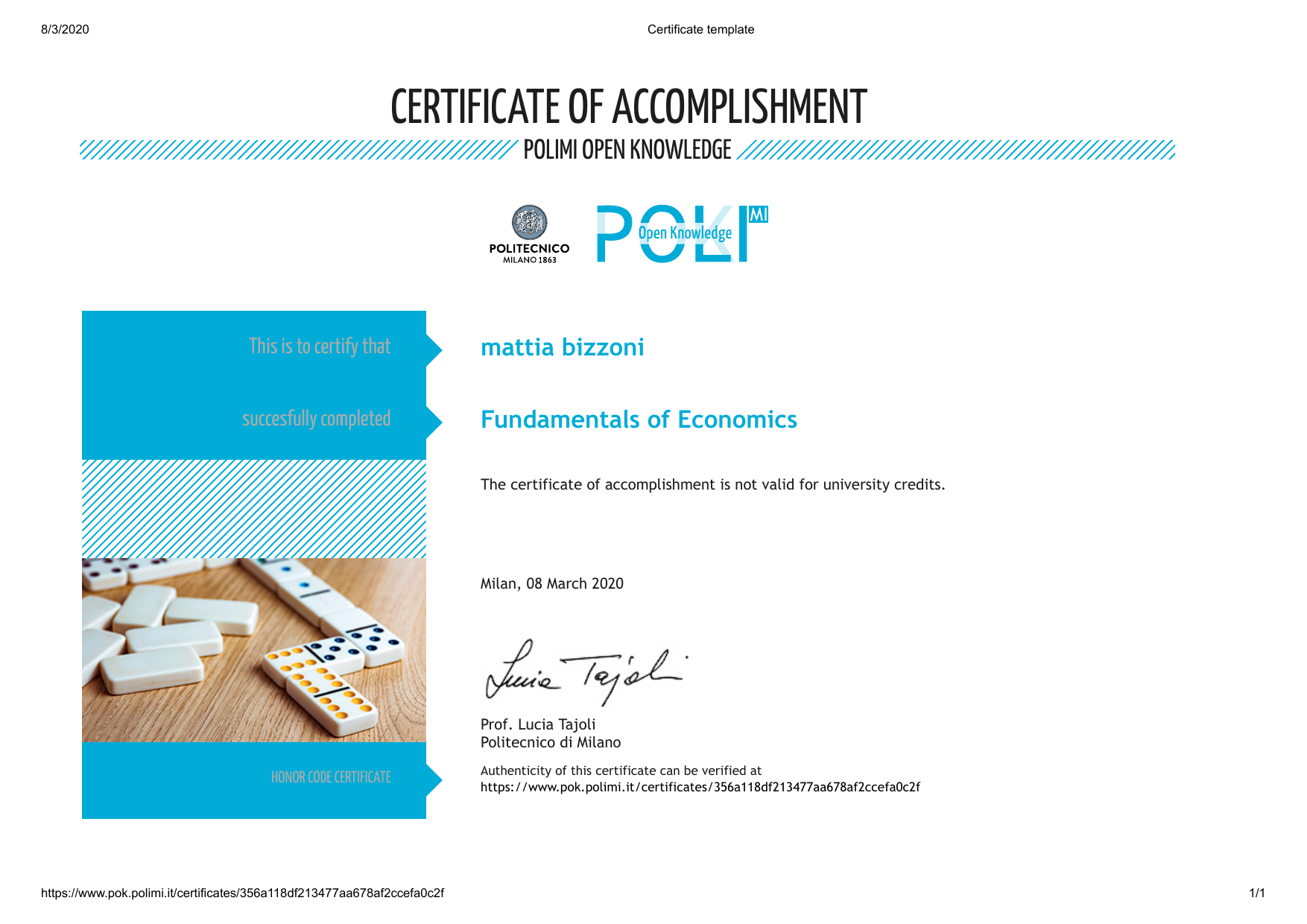 Certificato Fundamentals of Economics — Mattia Bizzoni