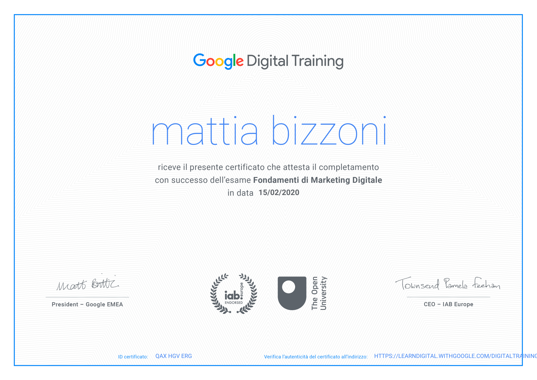 Certificato Google Digital Training — Mattia Bizzoni
