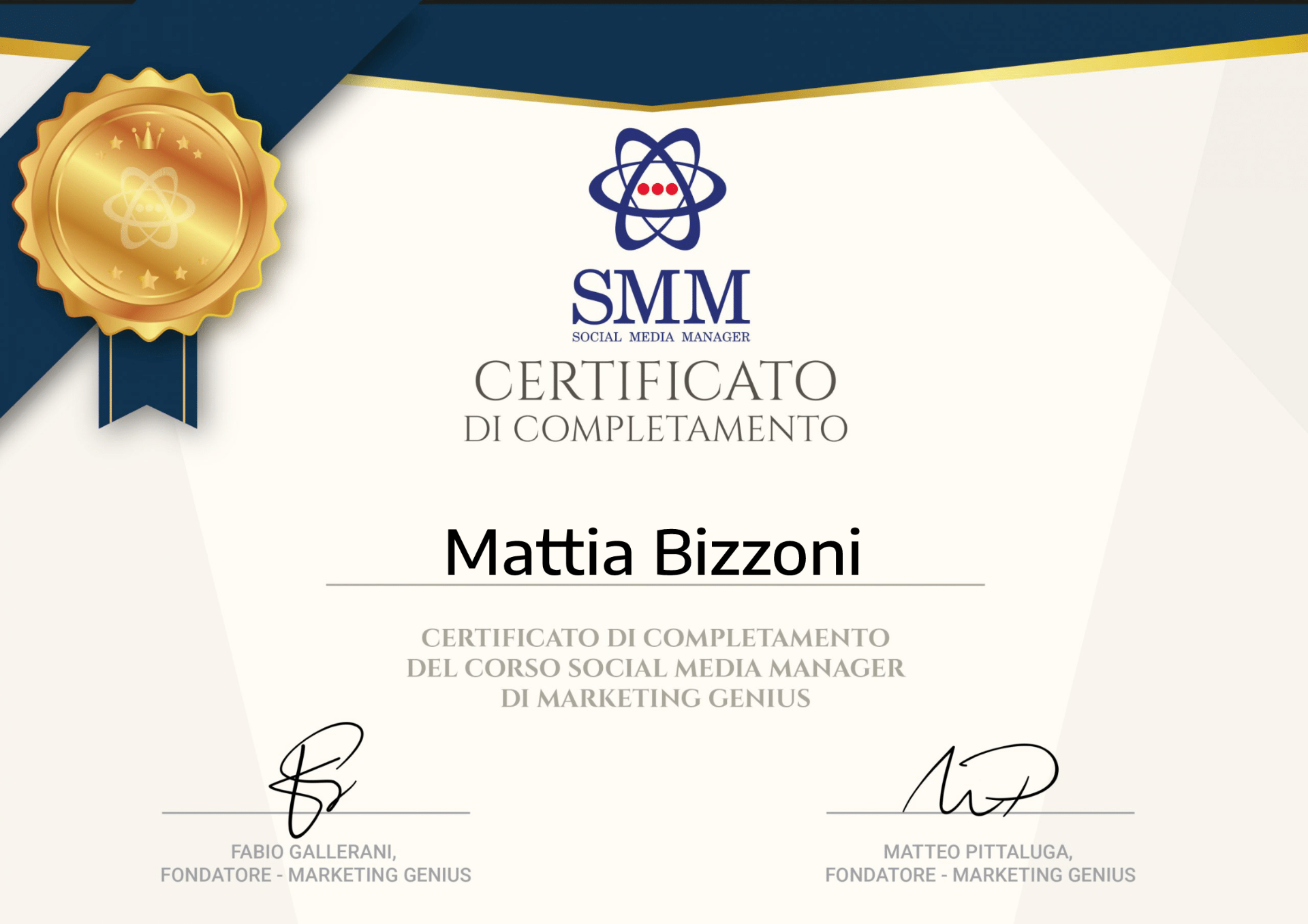 Certificato Social Media Manager — Marketing Genius — Mattia Bizzoni